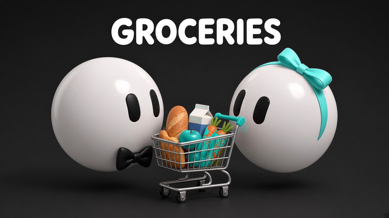 Groceries list card: two bots with a shopping cart of groceries