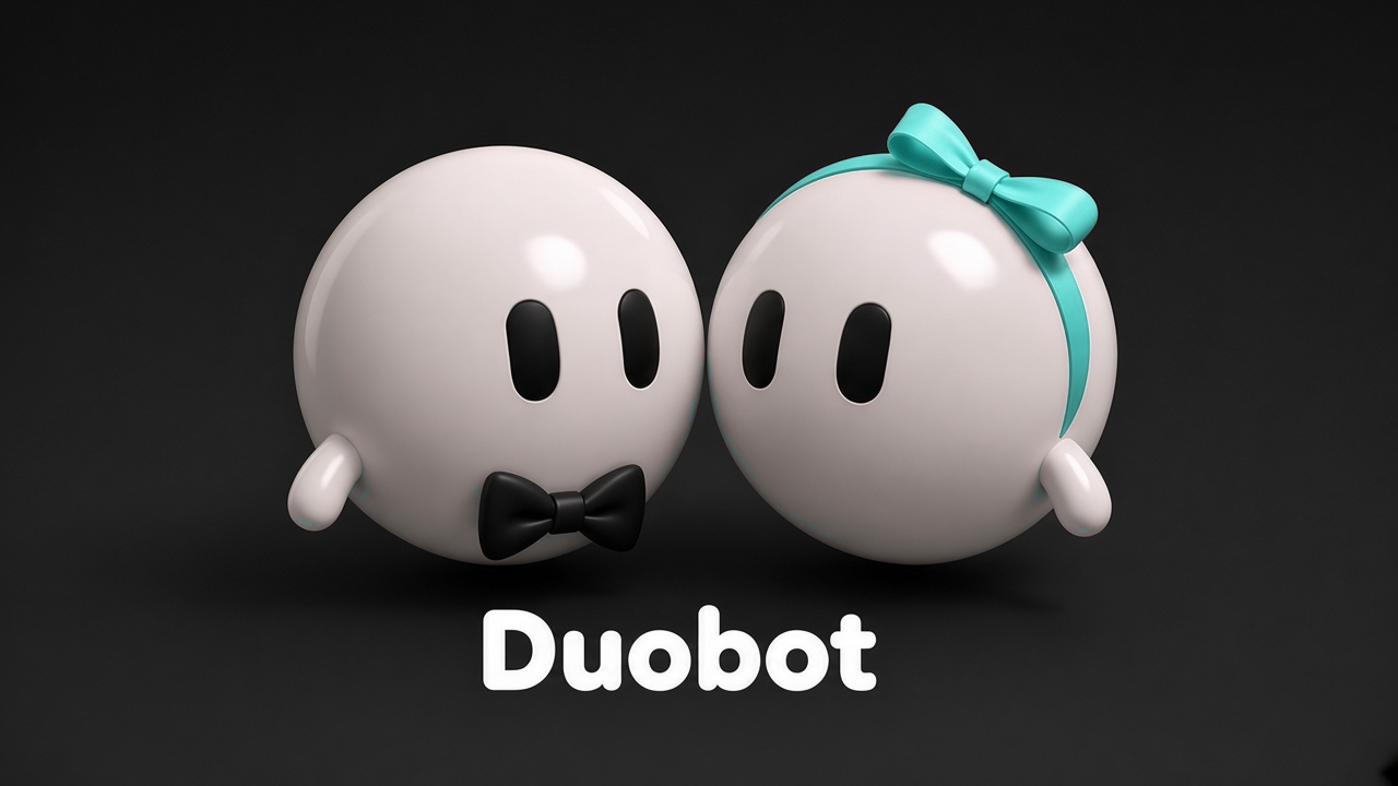 Duobot: two glossy white round bots side by side, one with a black bow tie and one with a pink bow