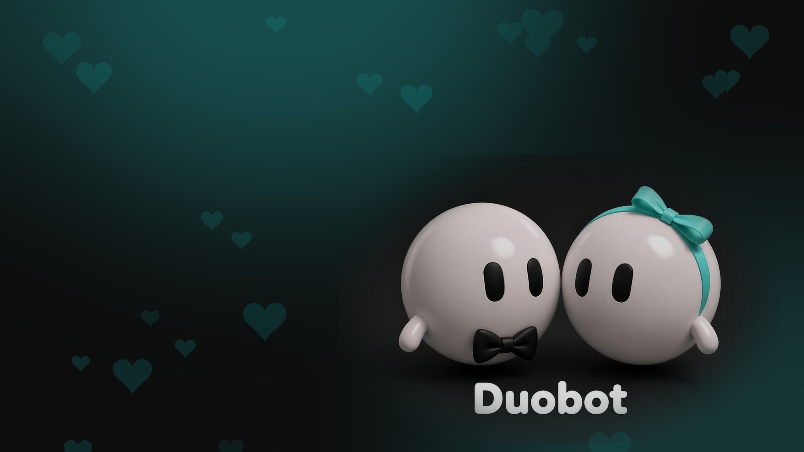 Duobot Trello board background: dark with Tiffany blue glow, faint hearts and the two bots