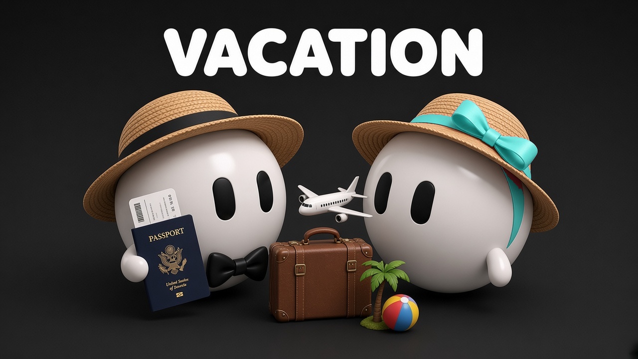 Vacation list card: two bots in sun hats with a passport and suitcase